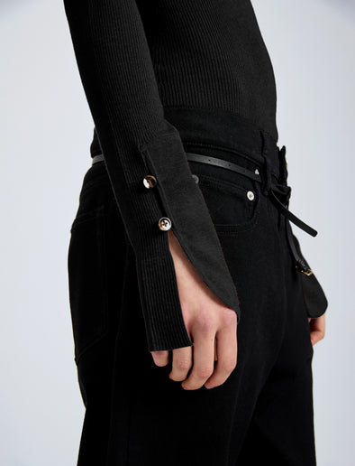 Proenza Schouler Detail image of model wearing Belle Top in Silk Cashmere in Black