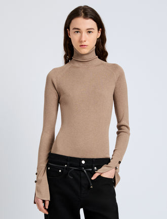 Proenza Schouler Front cropped image of model wearing Belle Top in Silk Cashmere in Taupe