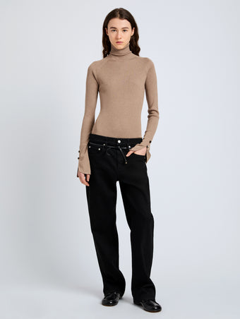 Proenza Schouler Front full length image of model wearing Belle Top in Silk Cashmere in Taupe