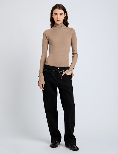 Proenza Schouler Front full length image of model wearing Belle Top in Silk Cashmere in Taupe