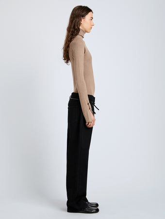 Proenza Schouler Side full length image of model wearing Belle Top in Silk Cashmere in Taupe