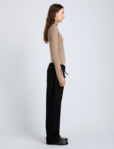 Proenza Schouler Side full length image of model wearing Belle Top in Silk Cashmere in Taupe