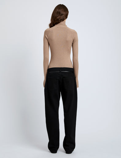 Proenza Schouler Back full length image of model wearing Belle Top in Silk Cashmere in Taupe