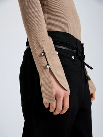 Proenza Schouler Detail image of model wearing Belle Top in Silk Cashmere in Taupe