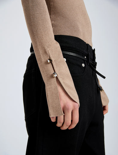 Proenza Schouler Detail image of model wearing Belle Top in Silk Cashmere in Taupe