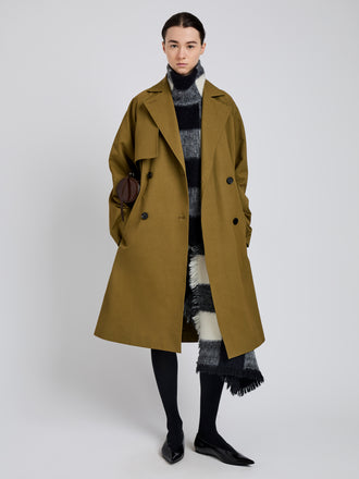 Proenza Schouler Front full length image of model wearing Adelaide Coat in Cotton Viscose Trench in Moss
