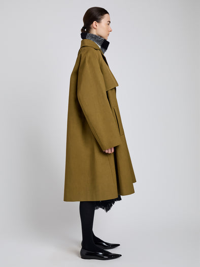 Proenza Schouler Side full length image of model wearing Adelaide Coat in Cotton Viscose Trench in Moss