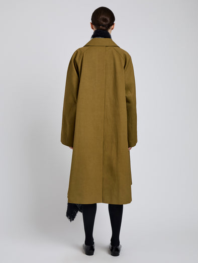 Proenza Schouler Back full length image of model wearing Adelaide Coat in Cotton Viscose Trench in Moss