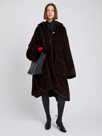 Proenza Schouler Front full length image of model wearing Verretta Coat In Alpaca Coating in Chocolate