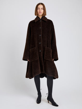 Proenza Schouler Front full length image of model wearing Verretta Coat In Alpaca Coating in Chocolate