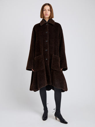 Proenza Schouler Front full length image of model wearing Verretta Coat In Alpaca Coating in Chocolate