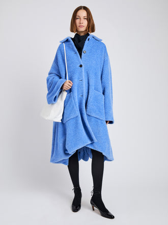 Proenza Schouler Front full length image of model wearing Verretta Coat In Alpaca Coating in Sky Blue