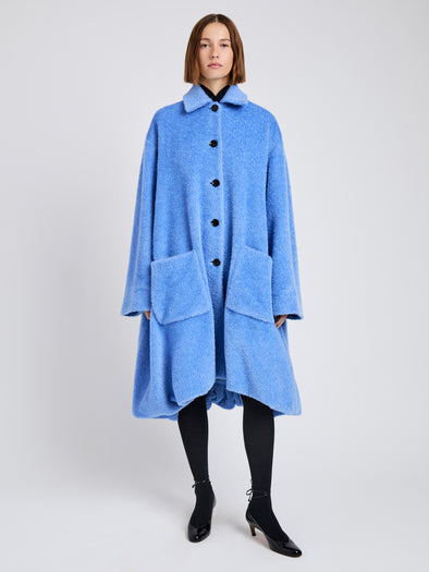 Proenza Schouler Front full length image of model wearing Verretta Coat In Alpaca Coating in Sky Blue