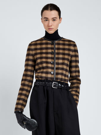 Proenza Schouler Front cropped image of model wearing Helene Jacket In Plaid Double Face Cashmere in Khaki Multi