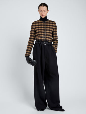 Proenza Schouler Front full length image of model wearing Helene Jacket In Plaid Double Face Cashmere in Khaki Multi