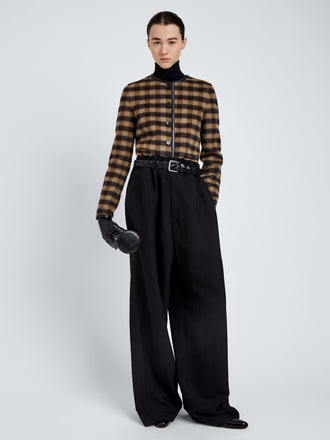 Proenza Schouler Front full length image of model wearing Helene Jacket In Plaid Double Face Cashmere in Khaki Multi