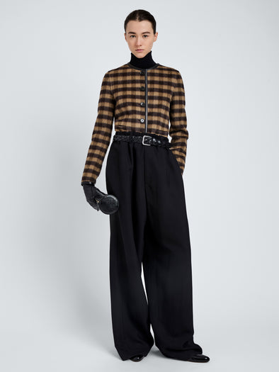 Proenza Schouler Front full length image of model wearing Helene Jacket In Plaid Double Face Cashmere in Khaki Multi