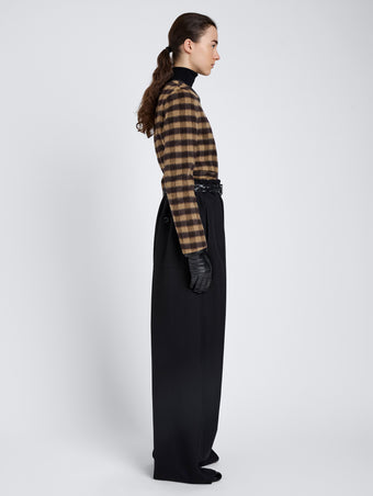 Proenza Schouler Side full length image of model wearing Helene Jacket In Plaid Double Face Cashmere in Khaki Multi