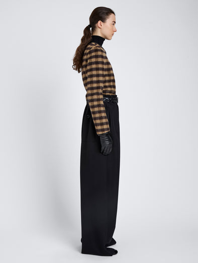 Proenza Schouler Side full length image of model wearing Helene Jacket In Plaid Double Face Cashmere in Khaki Multi