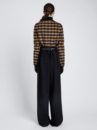 Proenza Schouler Back full length image of model wearing Helene Jacket In Plaid Double Face Cashmere in Khaki Multi