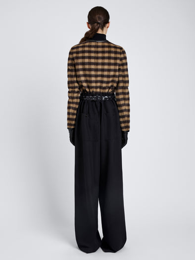 Proenza Schouler Back full length image of model wearing Helene Jacket In Plaid Double Face Cashmere in Khaki Multi