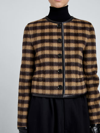 Proenza Schouler Detail image of model wearing Helene Jacket In Plaid Double Face Cashmere in Khaki Multi