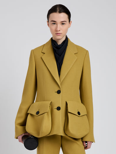 Proenza Schouler Front cropped image of model wearing Silva Jacket in Wool Scuba in Fatigue