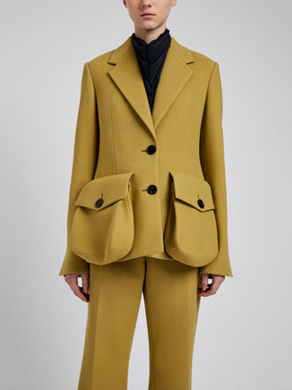 Proenza Schouler Detail image of model wearing Silva Jacket in Wool Scuba in Fatigue