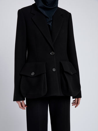 Proenza Schouler Detail image of model wearing Silva Jacket In Wool Scuba in Black