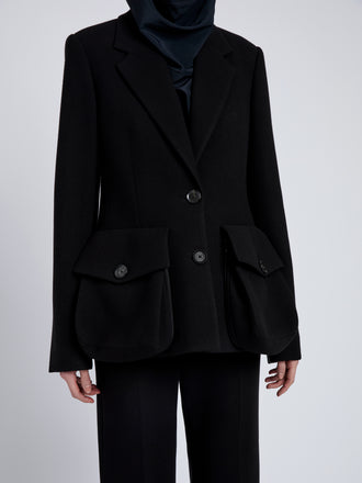 Proenza Schouler Detail image of model wearing Silva Jacket In Wool Scuba in Black