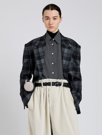 Proenza Schouler Front cropped image of model wearing Daria Jacket In Plaid Wool Suiting in Grey Multi