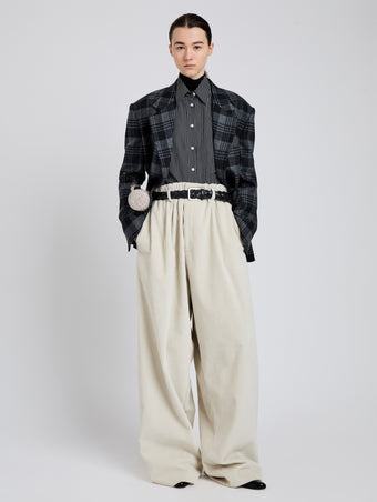 Proenza Schouler Front full length image of model wearing Daria Jacket In Plaid Wool Suiting in Grey Multi