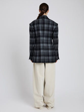 Proenza Schouler Back full length image of model wearing Daria Jacket In Plaid Wool Suiting in Grey Multi
