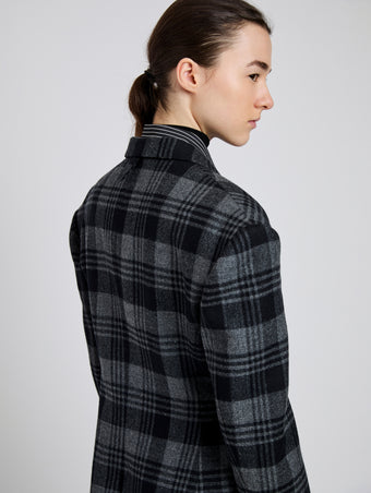 Proenza Schouler Detail image of model wearing Daria Jacket In Plaid Wool Suiting in Grey Multi