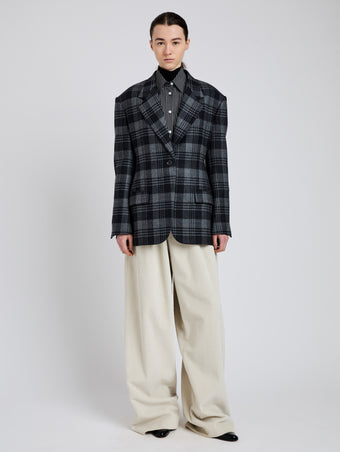 Proenza Schouler Front full length image of model wearing Daria Jacket In Plaid Wool Suiting in Grey Multi