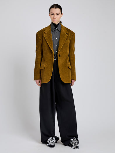 Proenza Schouler Front full length image of model wearing Daria Jacket In Corduroy in Fatigue