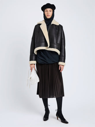 Proenza Schouler Front full length image of model wearing Alya Jacket In Shearling in Black, white