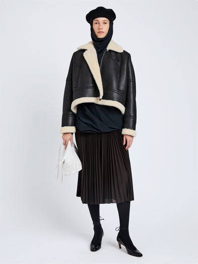Proenza Schouler Front full length image of model wearing Alya Jacket In Shearling in Black, white