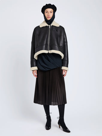 Proenza Schouler Front full length alternate image of model wearing Alya Jacket In Shearling in Black, white