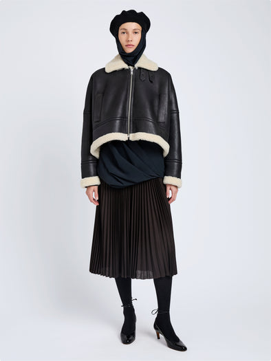 Proenza Schouler Front full length alternate image of model wearing Alya Jacket In Shearling in Black, white