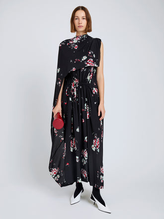 Proenza Schouler Front full length image of model wearing Ysabelle Dress In Printed Silk Viscose in Black Multi