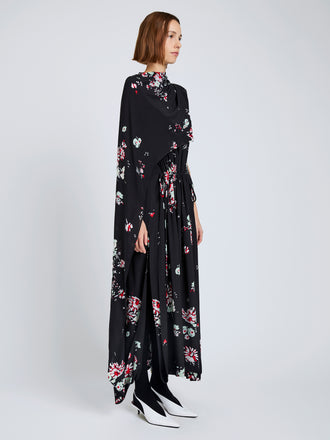 Proenza Schouler Side full length image of model wearing Ysabelle Dress In Printed Silk Viscose in Black Multi