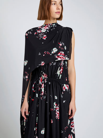 Proenza Schouler Detail image of model wearing Ysabelle Dress In Printed Silk Viscose in Black Multi