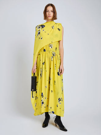 Proenza Schouler Front full length image of model wearing Ysabelle Dress In Printed Silk Viscose in Yellow Multi