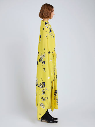 Proenza Schouler Side full length image of model wearing Ysabelle Dress In Printed Silk Viscose in Yellow Multi