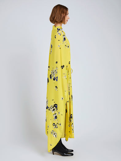 Proenza Schouler Side full length image of model wearing Ysabelle Dress In Printed Silk Viscose in Yellow Multi