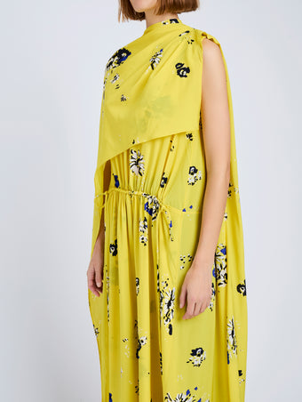Proenza Schouler Detail image of model wearing Ysabelle Dress In Printed Silk Viscose in Yellow Multi