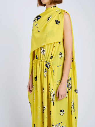 Proenza Schouler Detail image of model wearing Ysabelle Dress In Printed Silk Viscose in Yellow Multi