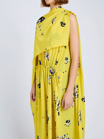 Proenza Schouler Detail image of model wearing Ysabelle Dress In Printed Silk Viscose in Yellow Multi