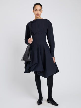 Proenza Schouler Front full length image of model wearing Tiana Dress In Bi Stretch Cotton Nylon in Black